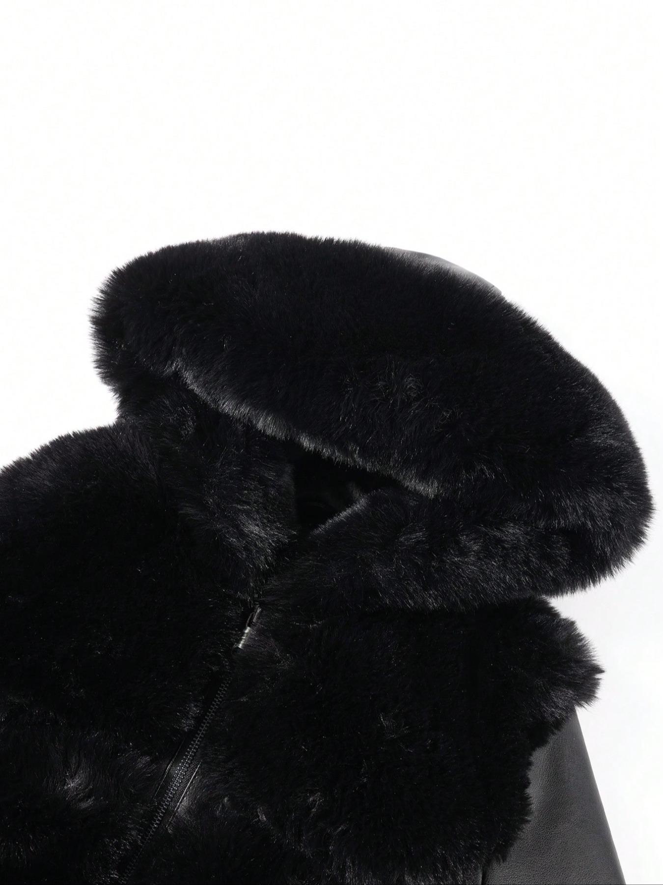 Women's Fall Winter PU Leather Jacket Coat, Contrast Faux Fur Hood Long Sleeve Fitted Casual Everyday Outerwear, Adjustable Waist Belt Design