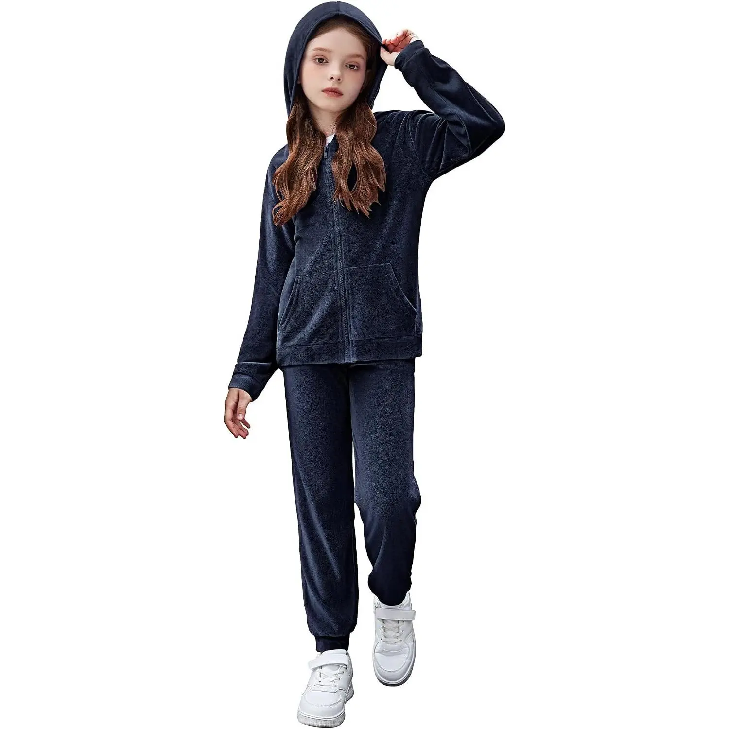 Girls Velour Tracksuits 2 Piece Outfits Zip Up Hoodie and Jogger Sweatpant Sweatsuits Athletic Clothing Sets