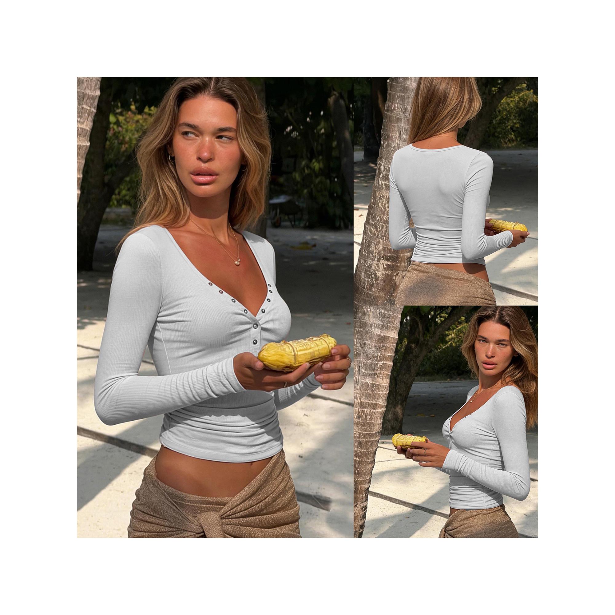 Women Solid Ribbed Henley TopsFit Button-up V Neck Long Sleeve Crop Fall Shirts