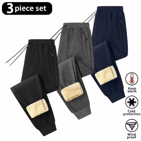 Men's Winter 3-Piece Solid Plain Cuffed Sweatpants Set - Imitation Cashmere Polyester Fleece Thick Lining, Elastic Waist Drawstring, Ankle Strap, Zipper Pocket, Windproof Cold-Resistant Casual Street Pants for Daily Outdoor Sports