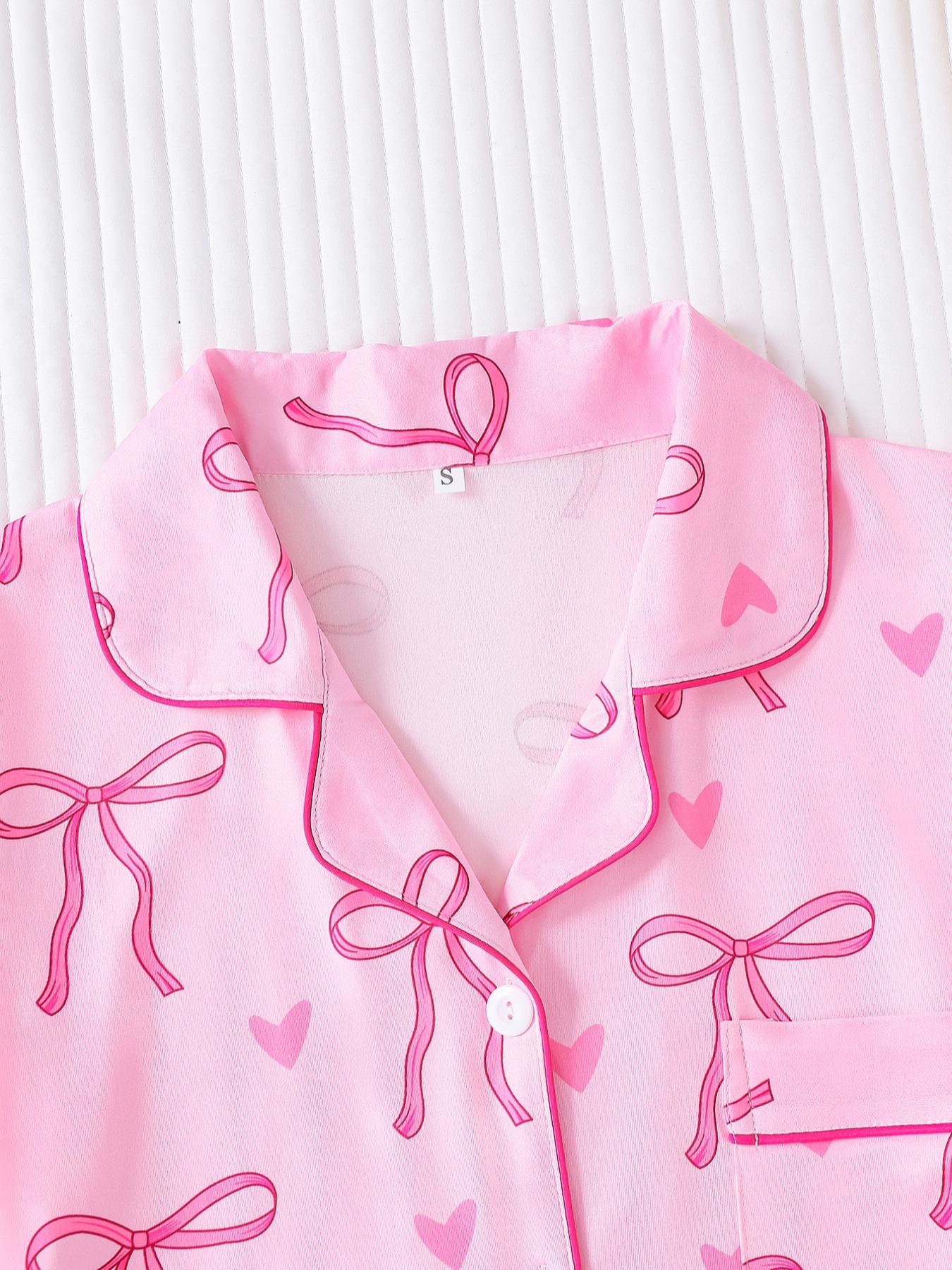 Women's Bow Print Short Sleeve Tee & Shorts Pyjama Set, Elegant Comfy Button Up Top & Elastic Waist Shorts Set, Ladies Sleepwear for All Seasons, Loungewear, Matching Pj Set, Womenswear, Pajama Set, Casual Comfy Pajama, Summer Sleepwear