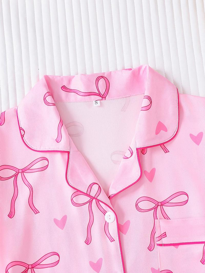 Women's Bow Print Short Sleeve Tee & Shorts Pyjama Set, Elegant Comfy Button Up Top & Elastic Waist Shorts Set, Ladies Sleepwear for All Seasons, Loungewear, Matching Pj Set, Womenswear, Pajama Set, Casual Comfy Pajama, Summer Sleepwear
