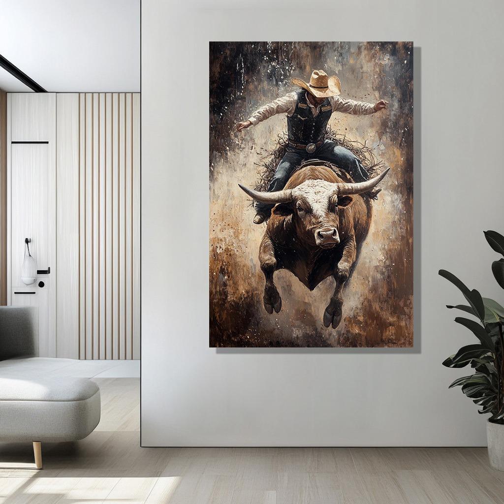 Cowboy Riding a Powerful Brown and White Bull Canvas Painting for Living Room Bedroom Wall Art Decorative Mural Gift Cowboy Riding a Powerful Brown and White Bull Canvas Painting for Living Room Bedroom Wall Art Decorative Mural Gift