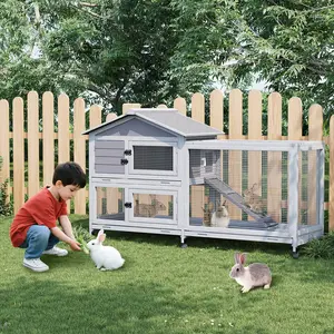 Rabbit Hutch with Weatherproof Roof, Bunny Hutch with 6 Lockable Caster Wheels & Pull-Out Tray, Rabbit Cage for Indoor Outdoor Use, Grey