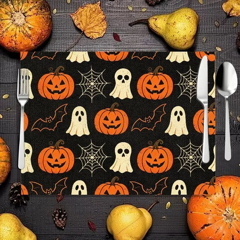 Vikama 4/6pcs Ghost Pumpkin Bat Linen Placemats, Heat Insulating Decorative Table Mats, Dining Room Coffee Shop Festival Party Decoration