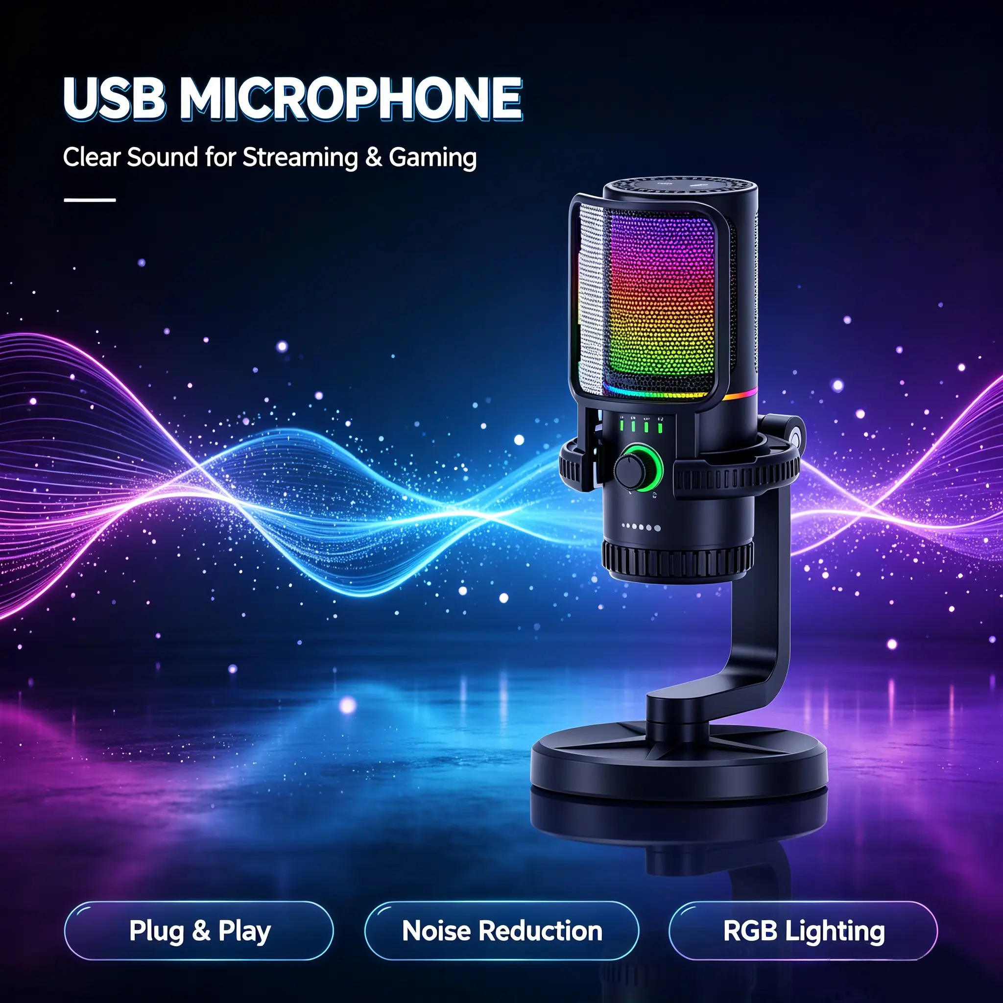 Live Streaming Gaming USB Condenser Microphone, Quick Mute, Adjustable Volume, RGB Pop Filter, Shock Mount, Desk Stand, PC Ps4 Ps5