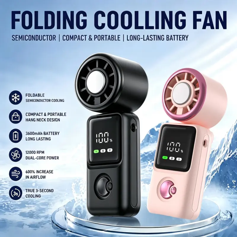 High-Speed Semiconductor Cooling Handheld Fan, USBRechargeable Ice Compress Personal Fan, Ultra-QuietStrong Airflow Foldable Mini Fan, Cordless Rechargeable Fan, Multifunctional Cooling Fan for Outdoor, Travel,Camping