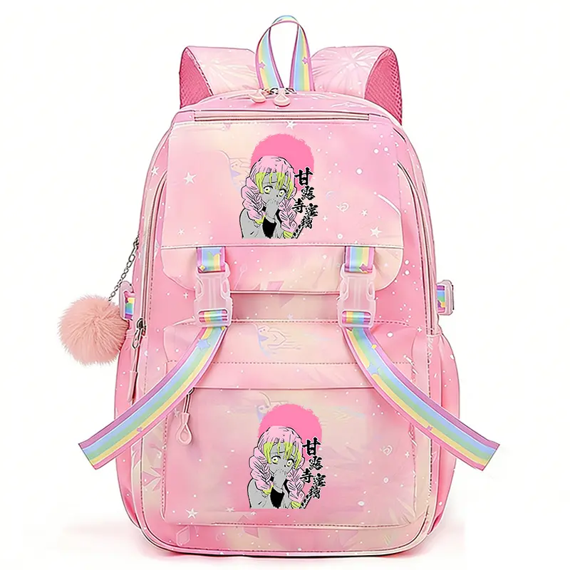 Demon Slayer Anime Backpack, Mitsuri Kanroji Graphic Print School Bag, Cute Student Backpack for Girls, Fashion Travel Backpack
