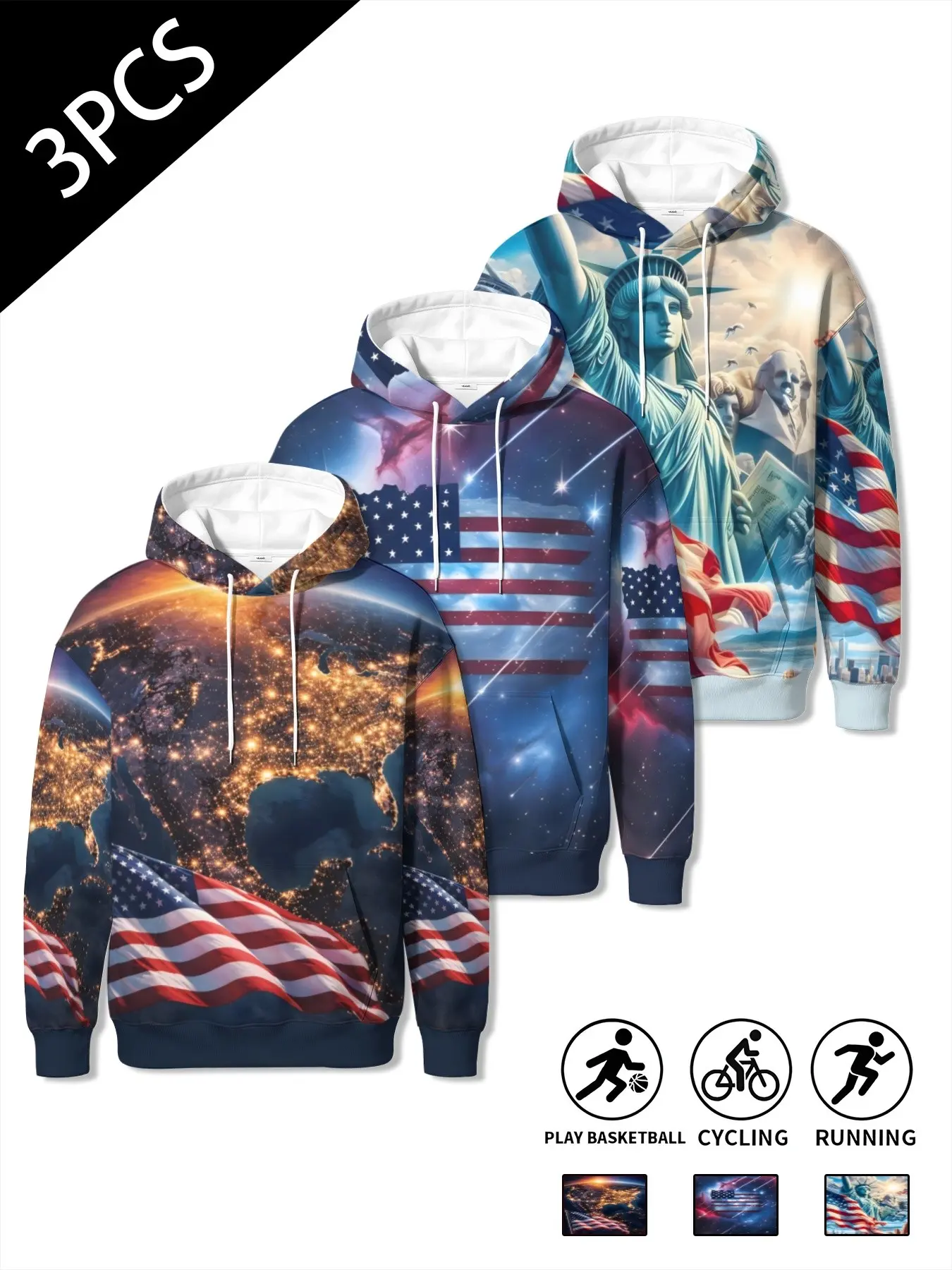 3-Pack Vintage American Flag Night Scene Printed Hoodies, Loose Drop Shoulder Long Sleeve Outerwear, Street Style Youth Casual Hooded Sweatshirts
