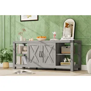 GARVEEGrey Farmhouse Style Entertainment Center and Media Console Cabinet with Storage, Shelves, and Doors - 60 Inch Console Table for Living Room or Bedroom, Fits up to 65 Inch Screens