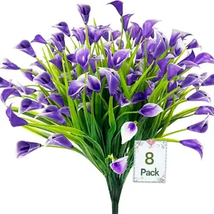8PC Artificial flower calla lily ，with green stems and leaves, resistant to ultraviolet rays, outdoor plastic artificial flowers, suitable for home decoration, outdoor garden terrace decoration, and tomb worship flower arrangement.