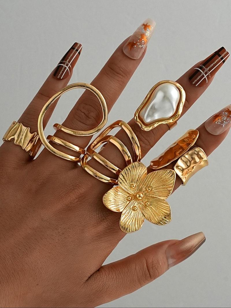 Women's Exaggerated Flower & Geometric Design Cuff Rings, Boho Style Rings, Elegant Exaggerated Stacking Rings, Fashion Jewelry for Party, Daily Clothing Decor, Trendy All-match & Exquisite Jewelry for Birthday Gift