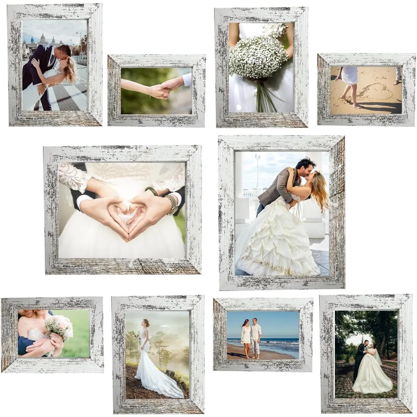 Picture Frame Set 10 pack, Farmhouse Photo Frames, Gallery Wall Frame Collage, 8x10 5x7 4x6 Frames in 3 Different Finishes Picture Frames For Wall or Desk,Rustic White