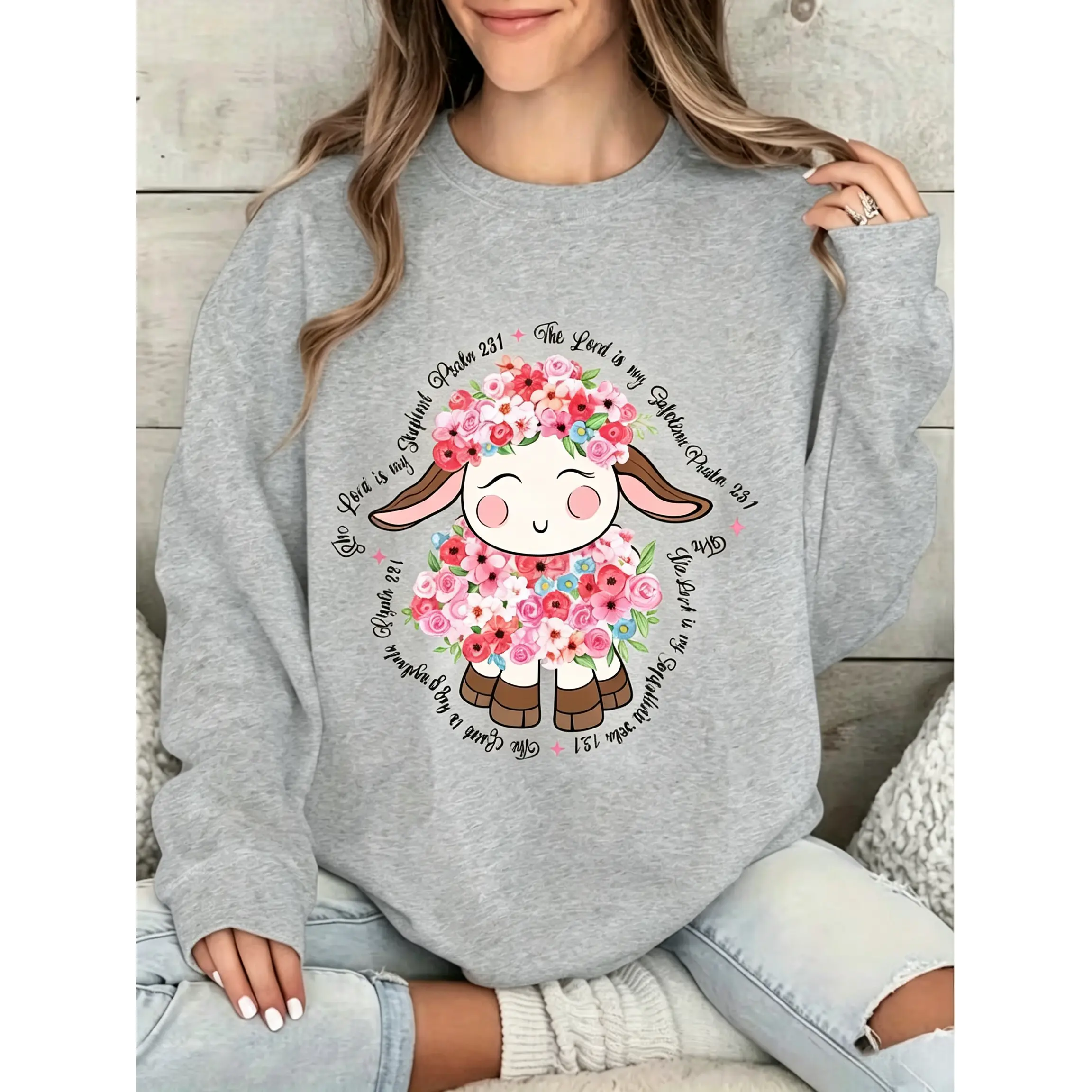 Sheep Flower The Lord Is My Shepherd The Lord Is My Shepherd Psalm 231 Psalm 231 Crew Neck Sweater Cozy And Soft Women'S Hoodie Sweatshirt