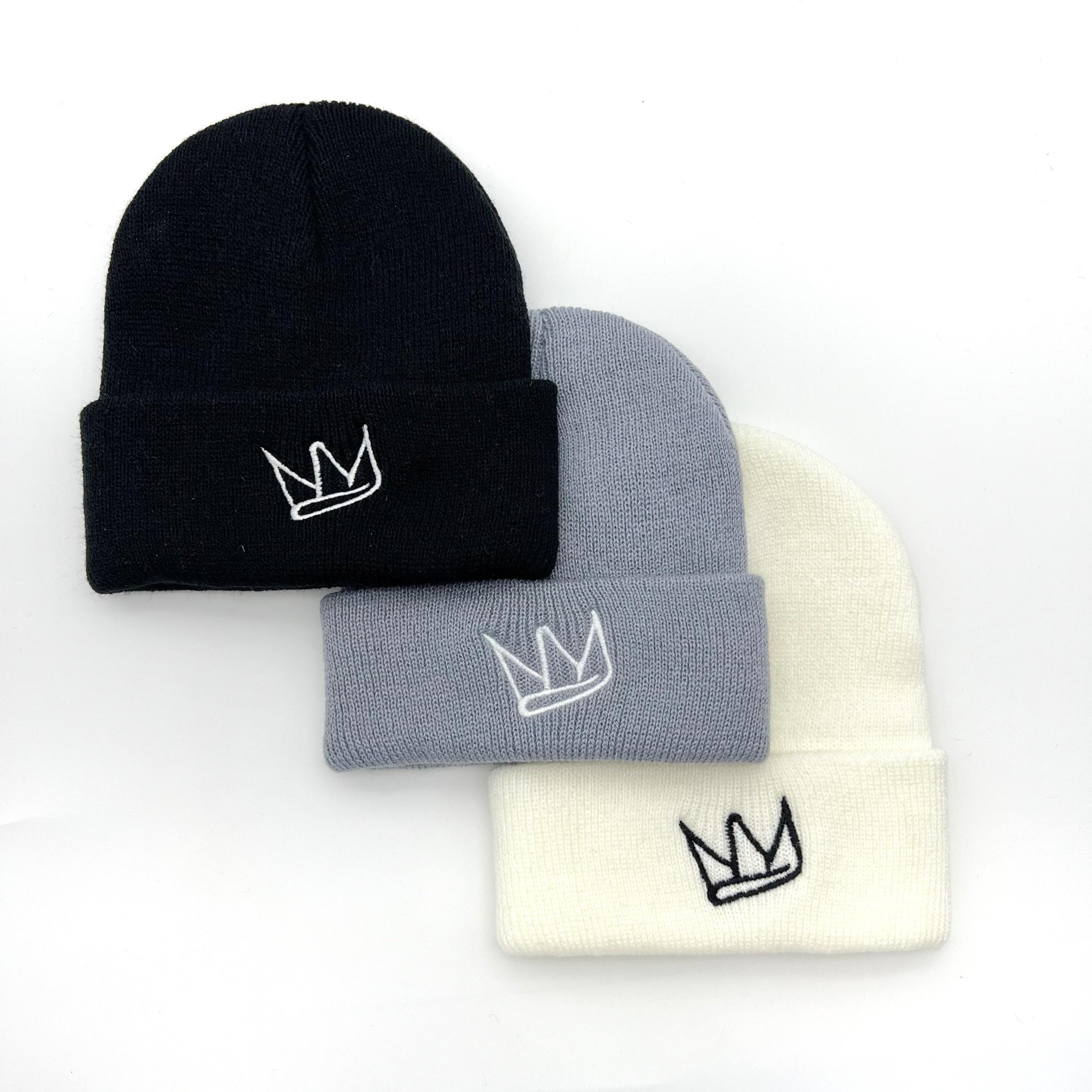 3pcs Adorable Crown Embroidered Beanies for Boys - Warm And Windproof Hats with Hip-Hop Style