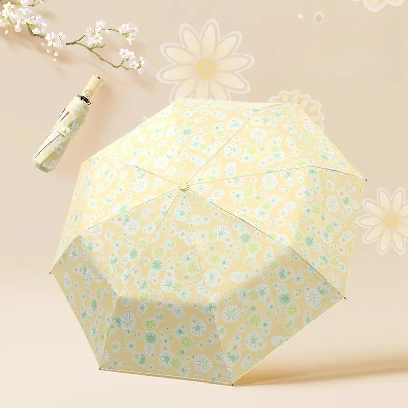 1pc Foldable Compact Automatic Umbrella, Oriental Aesthetic Print Long Handle Umbrella, Travel and Daily Use, UV Protection Sunscreen Cloth, nice for gifts