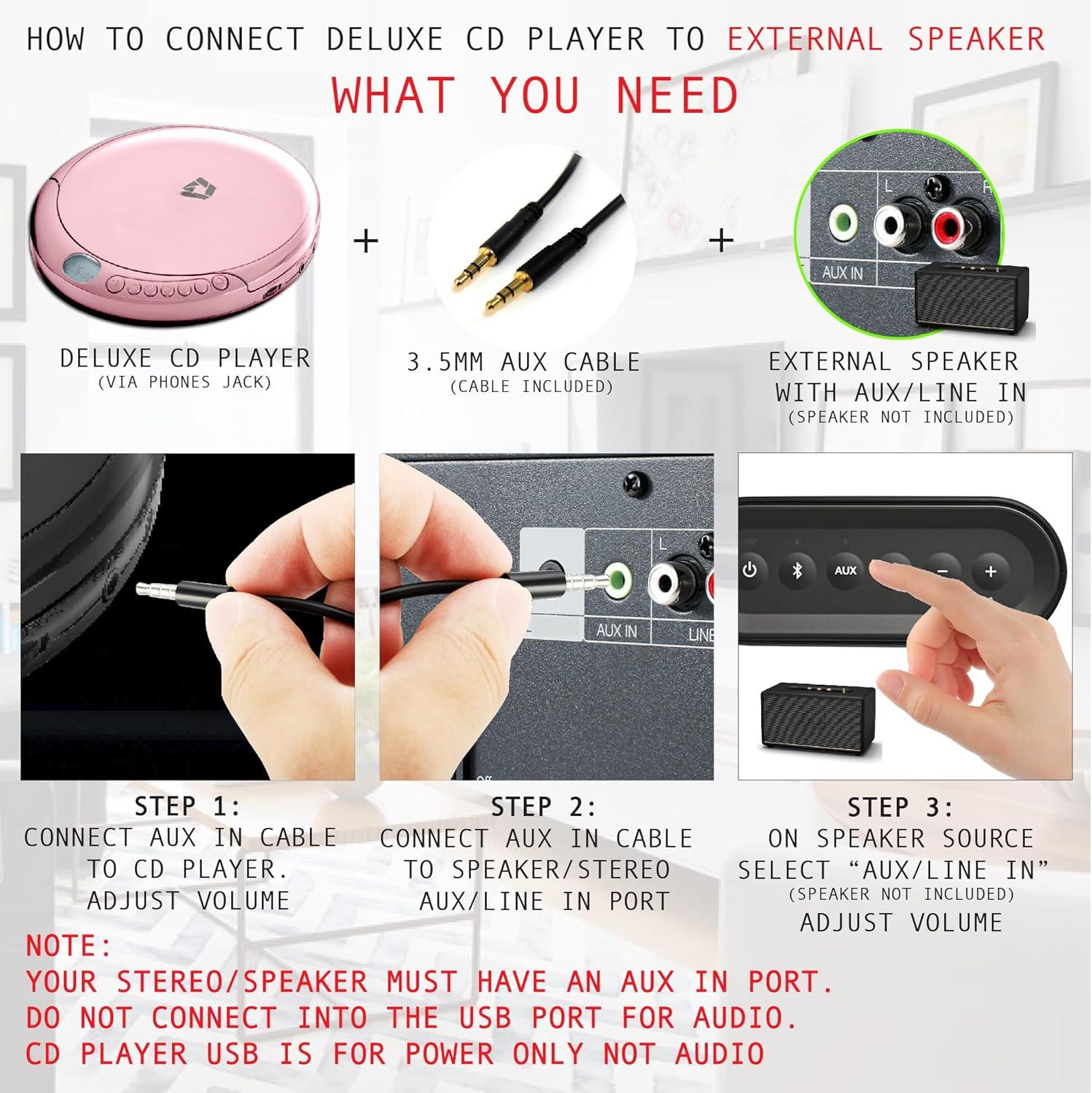 CD Player Portable with 60 Second Anti Skip, Stereo Earbuds, Includes Aux in Cable and AC USB Power Cable for use at Home or in Car.Pink CD Player Portable with 60 Second Anti Skip, Stereo Earbuds, Includes Aux in Cable and AC USB Power Cable for use at Home or in Car.Pink