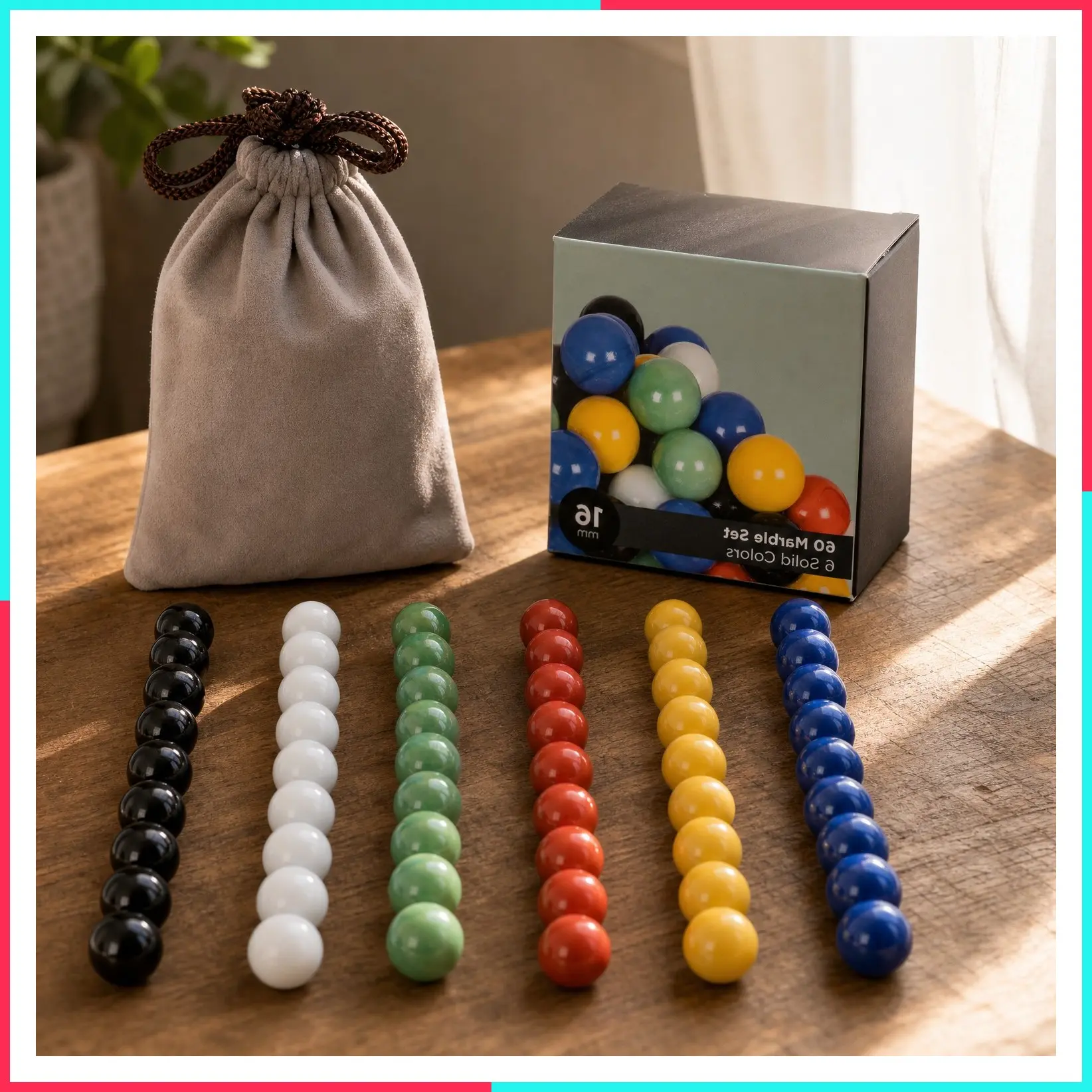 60 Solid-Color Plastic Marbles, 16mm, in 6 Colors for Chinese Checkers, Aggravation, or Marble Run