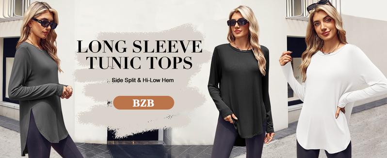 Womens Long Sleeve Tunic Tops Fall Casual Crew Neck Side Split Hi-Low Hem Loose Shirts To Wear With Leggings