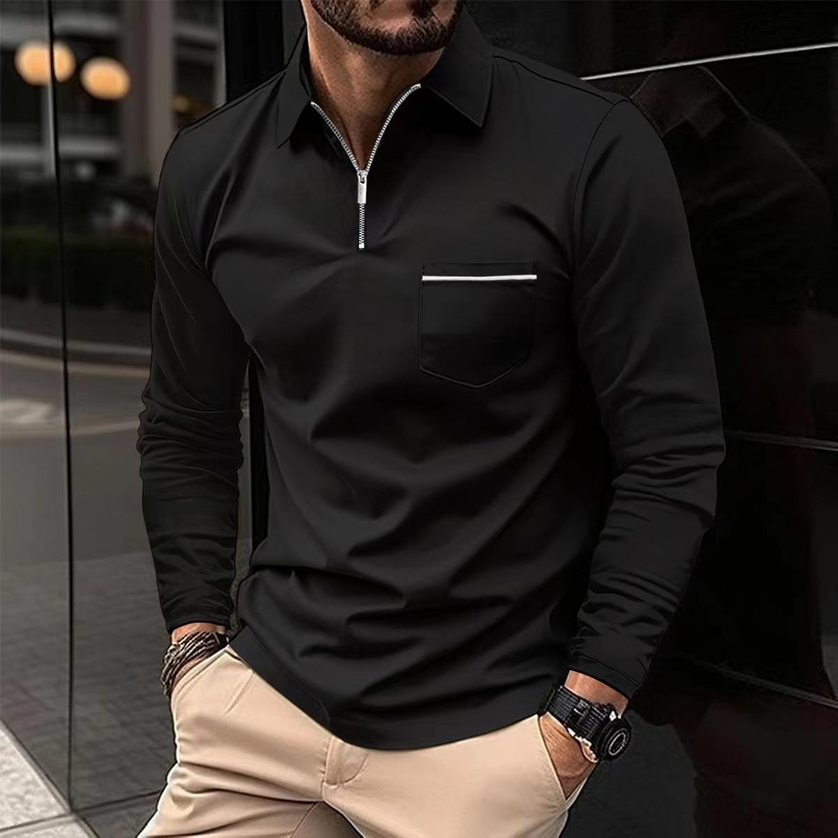 This men's solid color polo shirt with a zip-up collar and made of polyester-cotton blend is an ideal choice for casual wear in spring and summer.