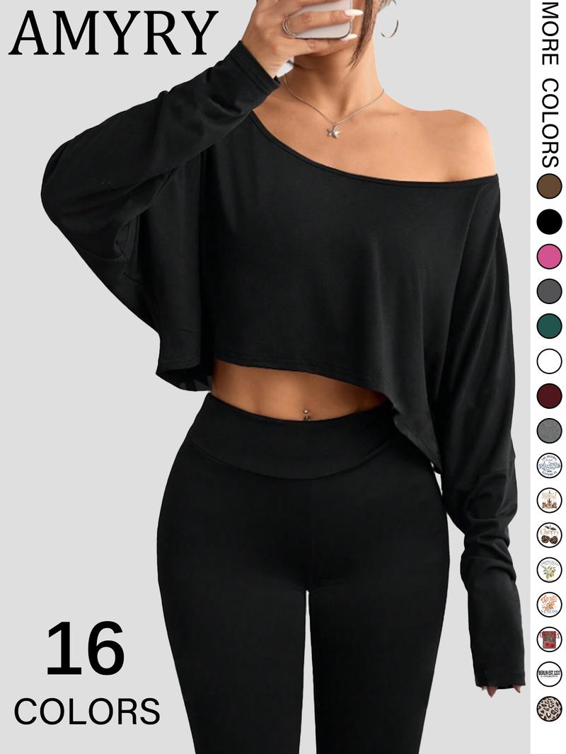 Women's Solid Off Shoulder Loose Tee, Casual Long Sleeve Crop Top for Daily Holiday Outdoor Wear, Everyday Ladies Clothes for All Seasons