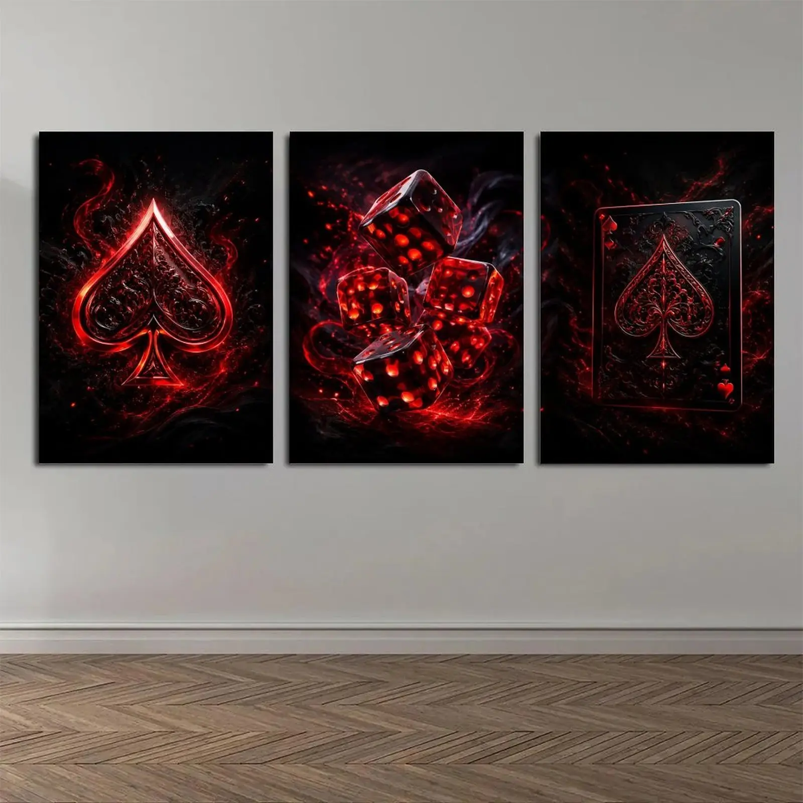 3Pcs Red Neon Poker Dice Decor Posters, Black-Red Spade Card Gambling Wall Art, Modern Dark Aesthetic Decor for Game Room, Unframed Poster or Framed Wrap Options