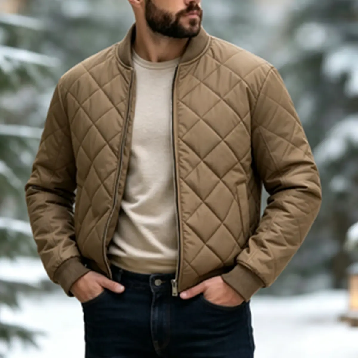 Men's diamond quilted jacket, zippered stand up collar lightweight padded jacket, solid color warm and lightweight side pocket jacket, elastic cuff casual windproof jacket, autumn and winter loose and fashionable streetwear, daily walking, driving, travel