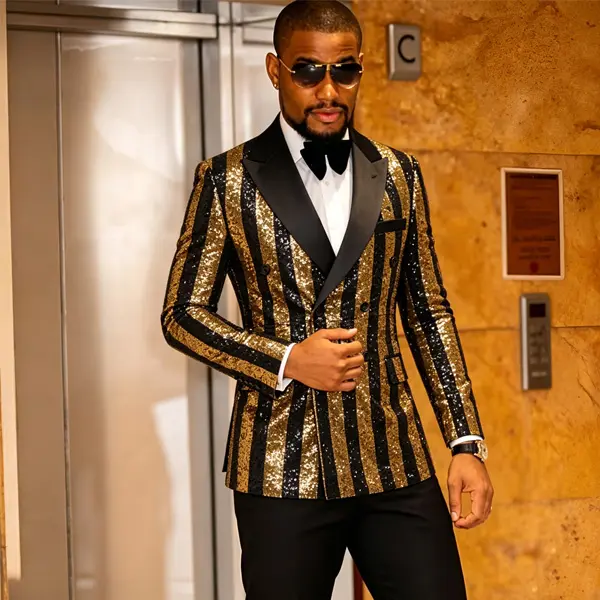 Men's Striped Sequin Double-Breasted Suit Set Tuxedo Jacket & Pants for Wedding, Prom