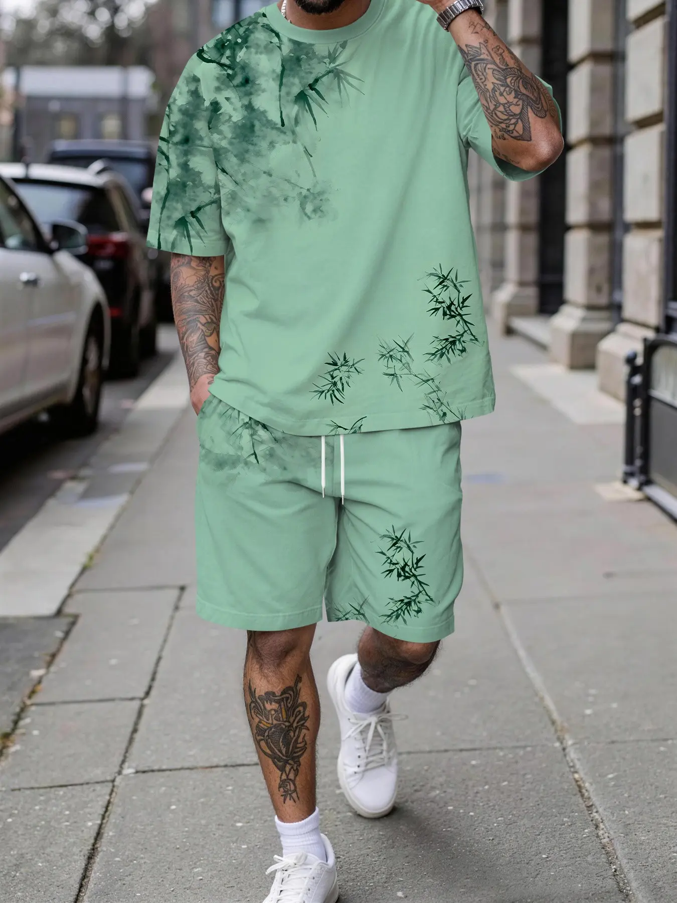 Men's Mint Gradient Bamboo 3D Digital Print Set, Casual Loose-Fit Short Sleeve T-Shirt and Shorts, Streetwear Fashion