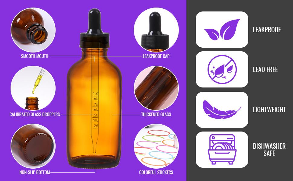 4 oz Dropper Bottles Glass 24Pack, Amber Glass Tincture Bottles with Dropper - Dropper Bottle 4 oz with Funnel/Stickers/Plastic Graduated Pipette (4fl.oz, Set of 24)