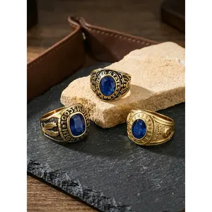 Men's 3-Piece Retro Ring Set, Elegant Stainless Steel Stackable Bands with a Carved Geometric Pattern & Zircon Inlay, Fashion Jewelry for Party & Business, Artificial Zircon Rings, Elegant Fashion Rings