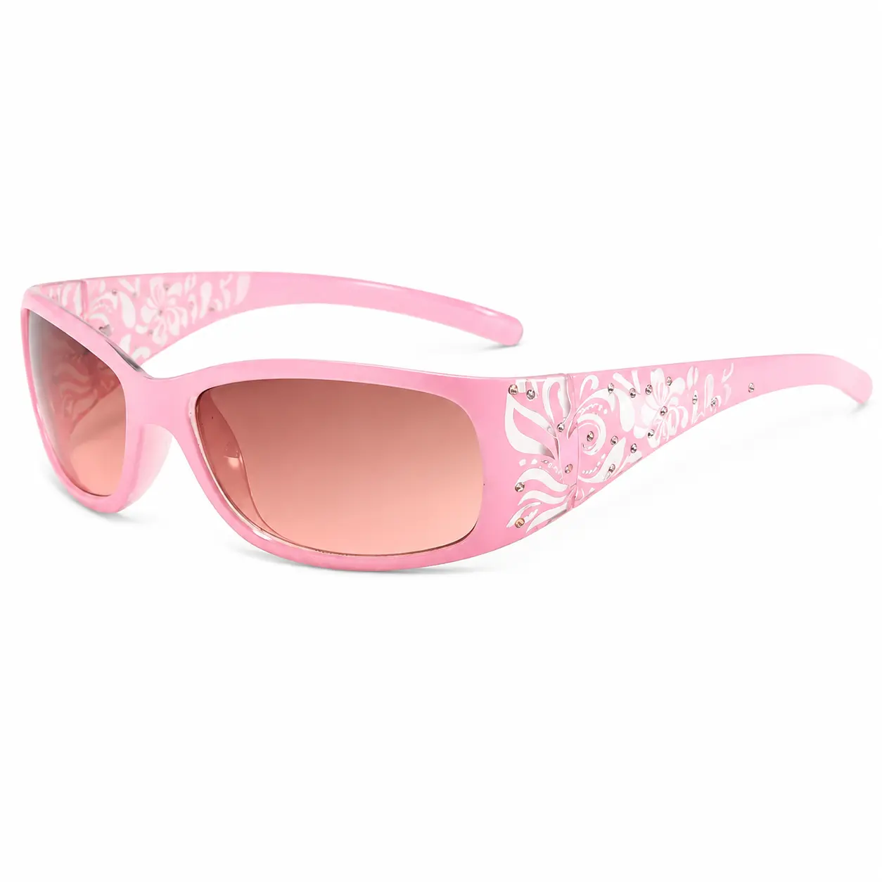 Vintage-Inspired Pink Wrap-Around Sunglasses for Women Featuring Rhinestone Floral Accents, UV400 Protection, Lightweight Acetate Frames, and Comfort-Fit Curved Design Ideal for Spring Summer Outfits and Retro Styling