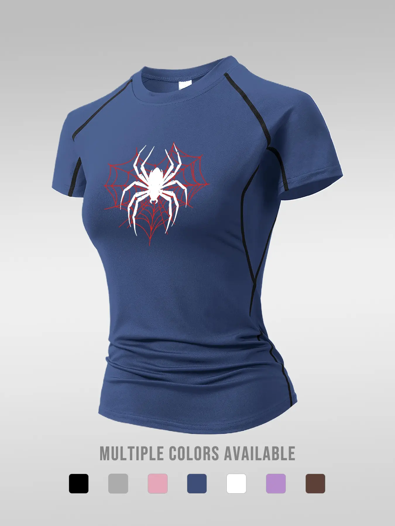 Spider Print Y2K Fashion Women's Short Sleeve Sporty Top, Summer Quick-Dry Breathable Stretch Tight Fit Workout Shirt, Yoga Running Fitness Training Gear