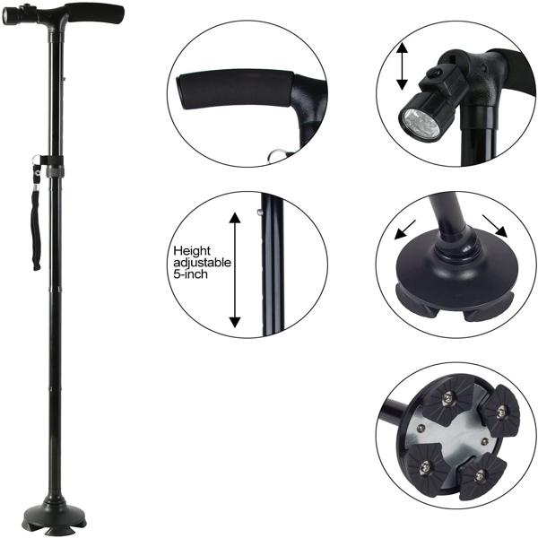 5-Level Adjustable Height Foldable Walking Stick - 360° Anti-Slip Pivoting Base, 6 Built-in LED Lights (180° Rotation), Ergonomic Foam Handle, Lightweight Aluminum Alloy, 250LBS Capacity, Portable for Camping, Black​ Healthcare  Tool Cane Equipment