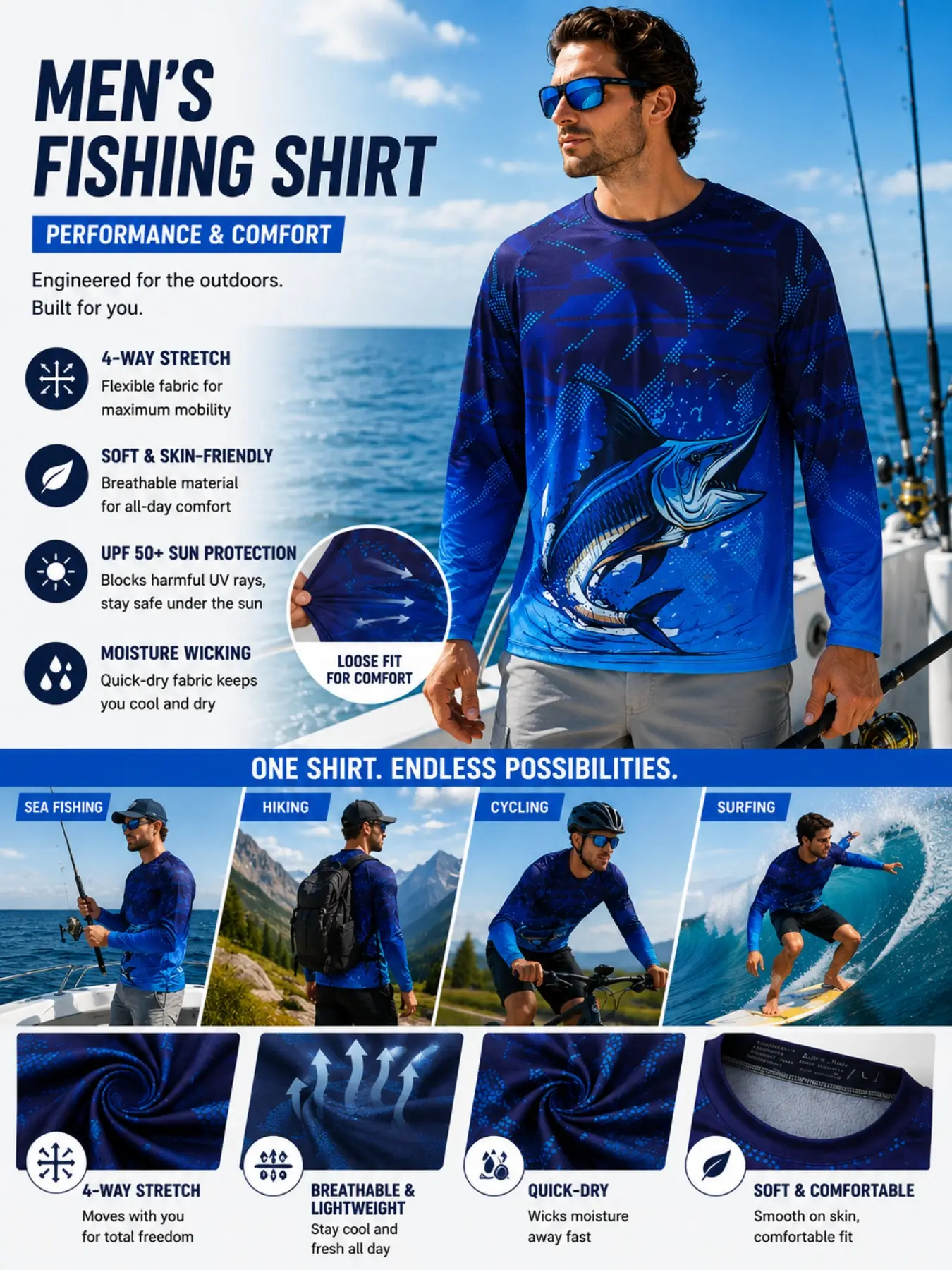 Men's UPF 50+ Long Sleeve Fishing Shirt Marlin Print Quick Dry Sun Protection Outdoor Tops