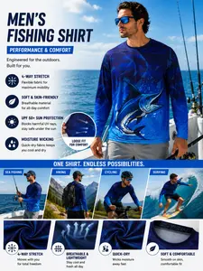 Men's UPF 50+ Long Sleeve Fishing Shirt Marlin Print Quick Dry Sun Protection