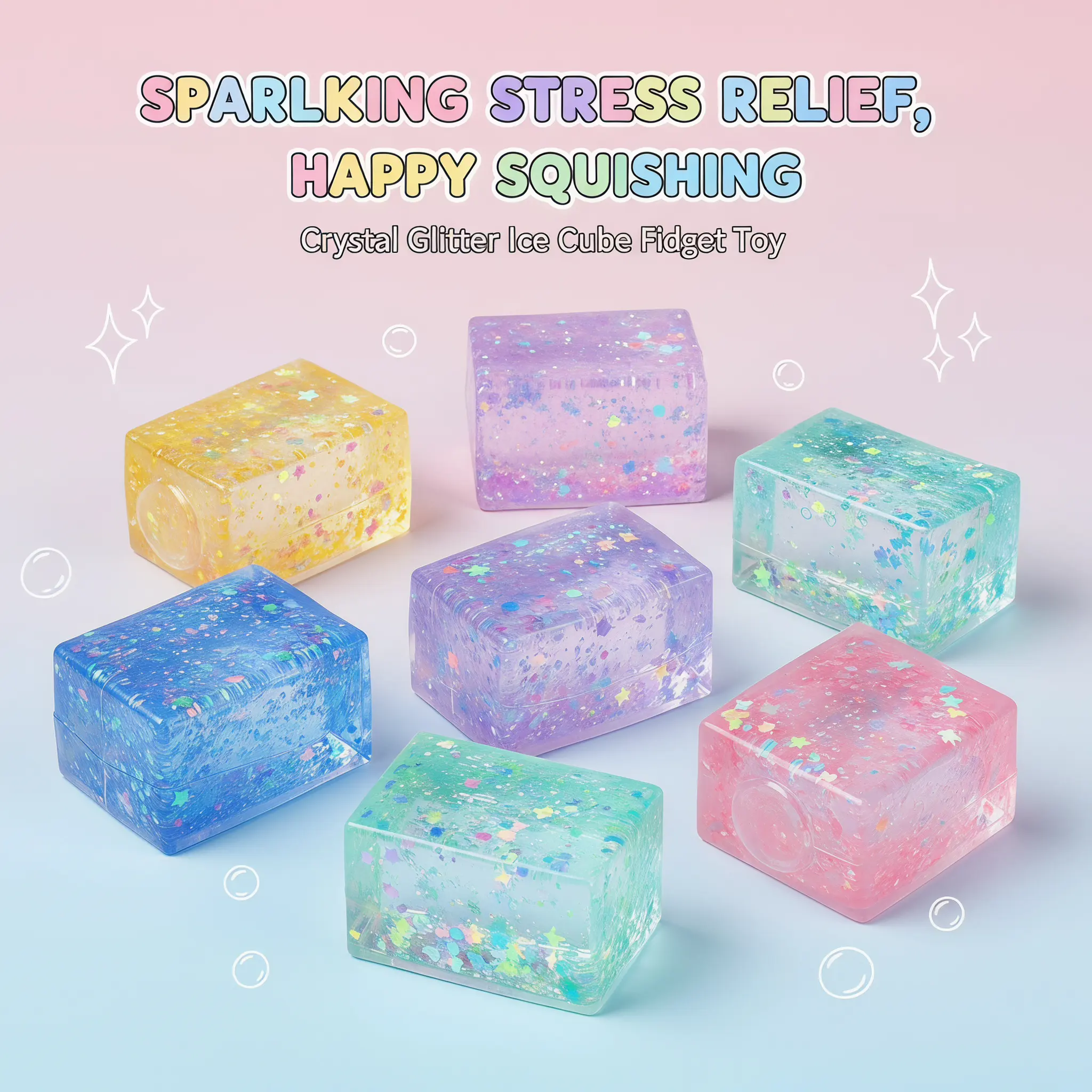 Glitter Maltose Squishy Ice Cube Fidget Toy, Transparent Frosted Squish Block Stress Relief Squeeze Toy for Kids Adults, Cute Sensory Anxiety Relief Toy Party Gift