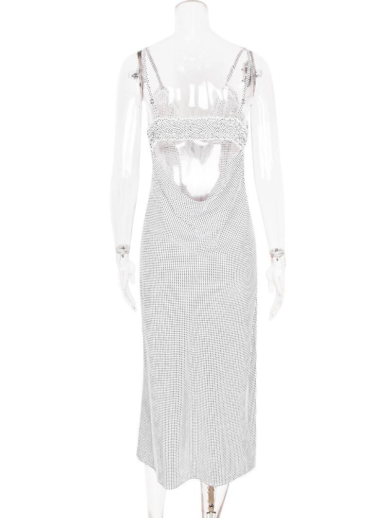 Women's Polka Dot Print Frill Trim Tie Front Cami Dress, Casual Boho Style Fitted Adjustable Strap Zipper Back Midi Dress for Summer, Capri Sun Dress, Ladies Clothes for Beach Holiday, Casual Boho Fashion