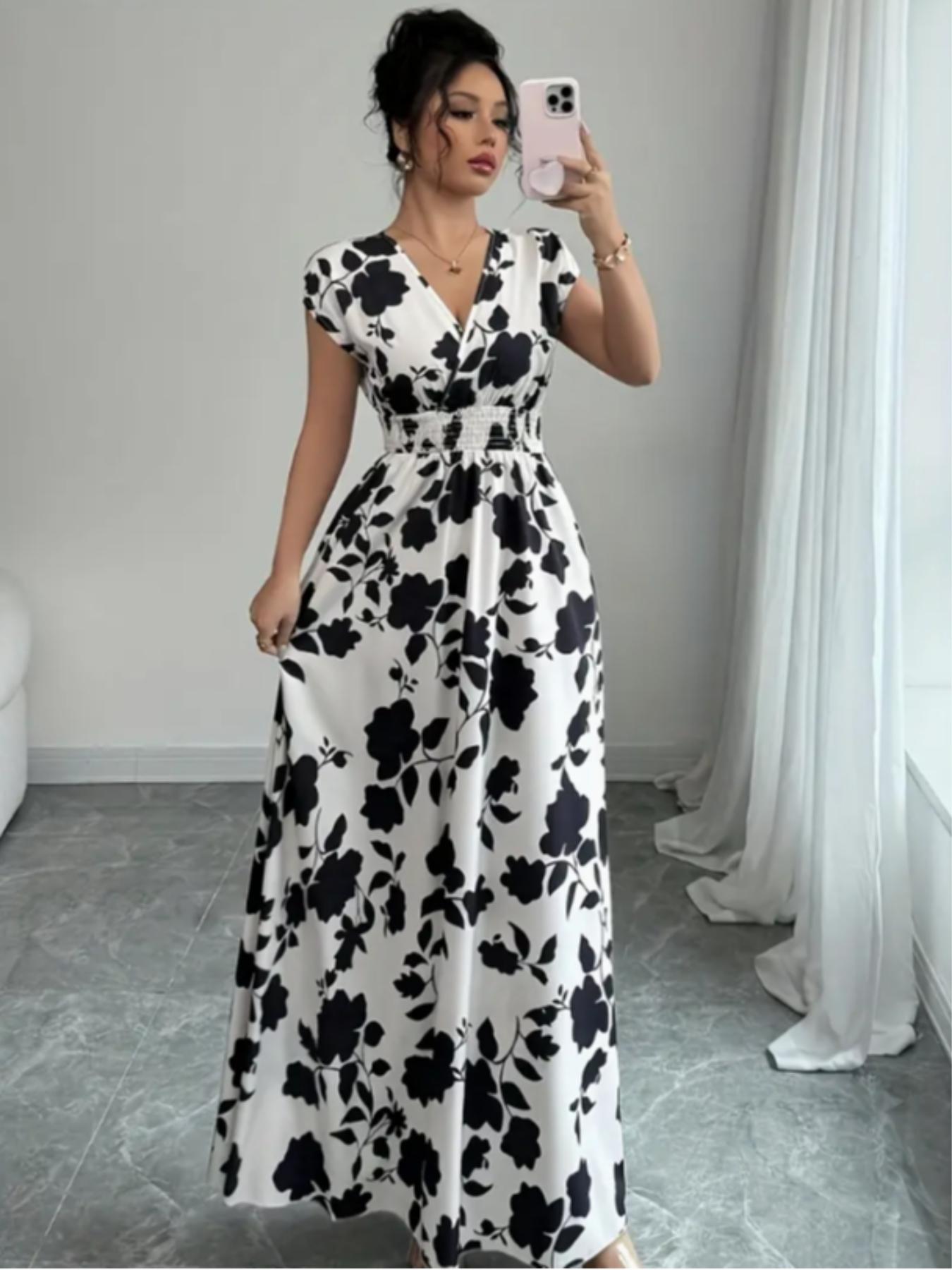 Elegant Women's Summer Dress, V Neck Fitted A-Line Batwing Sleeve, Floral Print, Leaf, Casual Fashion, Perfect for Daily Wear & Special Occasions