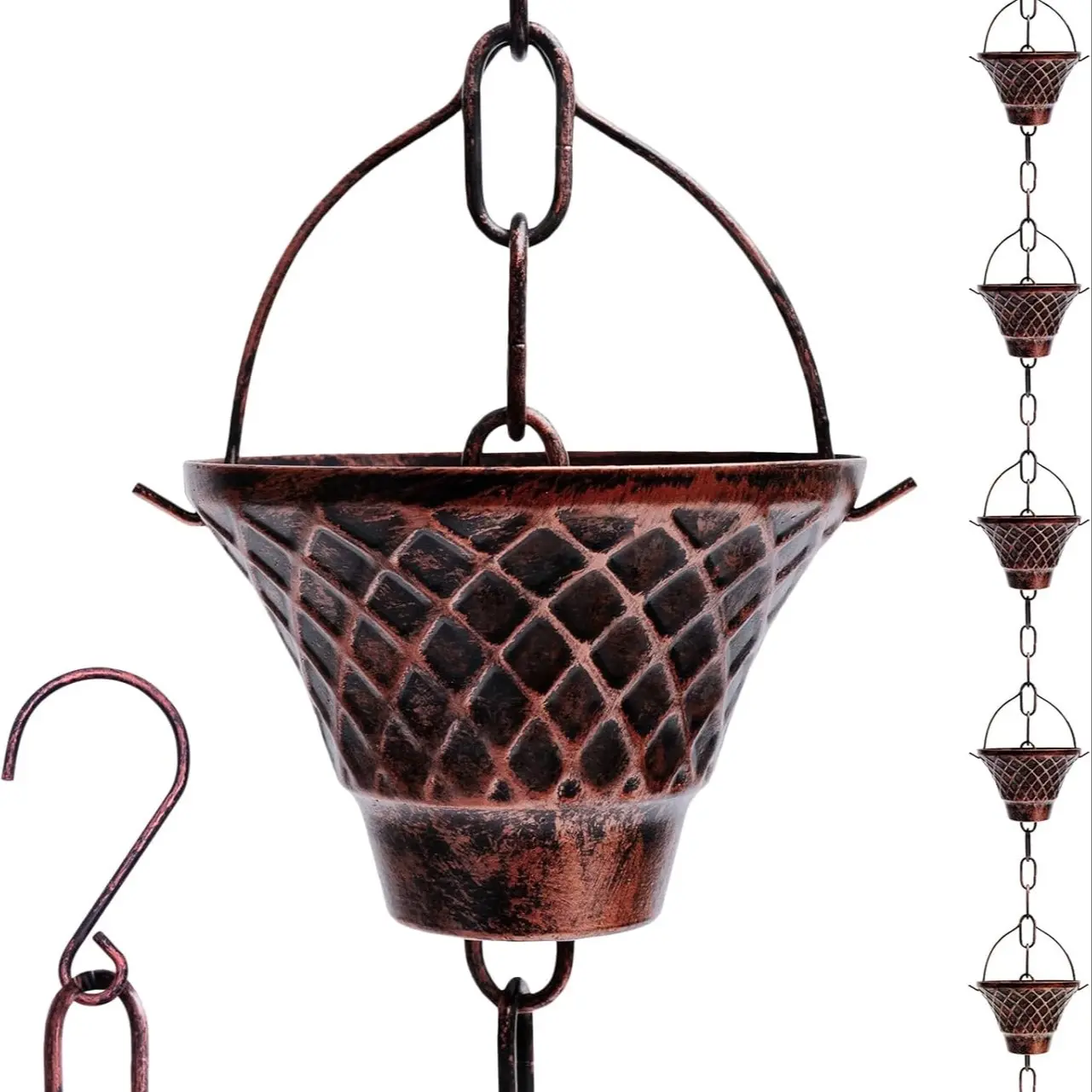2.6m Long Bell-Shaped Iron Rain Chain, Rust-Resistant Electroplated Garden Decor, Includes Drainage Slot Adapter (copper Color/blue), Rainwater Management