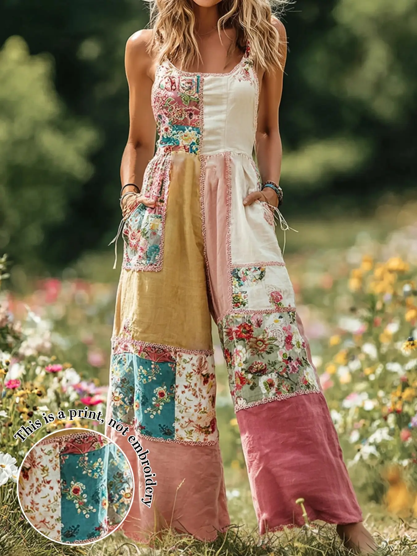 Boho Style Halter Neck Sleeveless One-Piece Dress for Women, 2026 New Summer Vacation Loose Fit Wide Leg Slimming Floral Dress, Trendy Fashion Bohemian