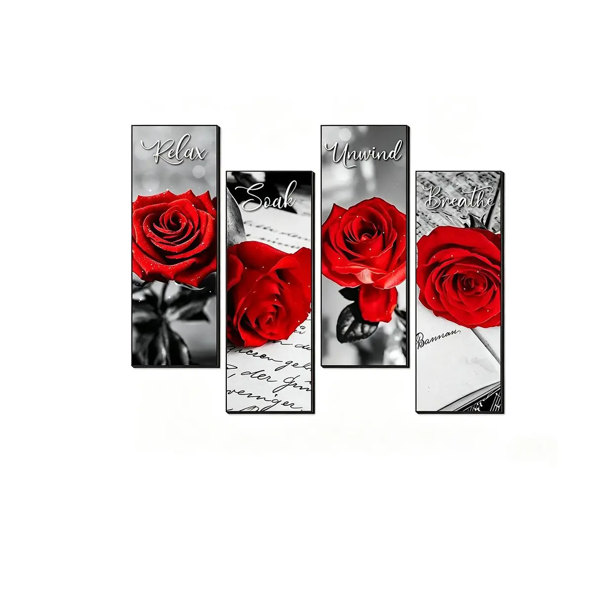 Rose Theme Bathroom Wall Decor Sign, Hanging Wall Art, Decoration Items, 4 Counts/set Relax Soak Unwind Breathe Wall Decor, Home Spa Bathroom Laundry Room Decor, with Double-sided Adhesive Tape
