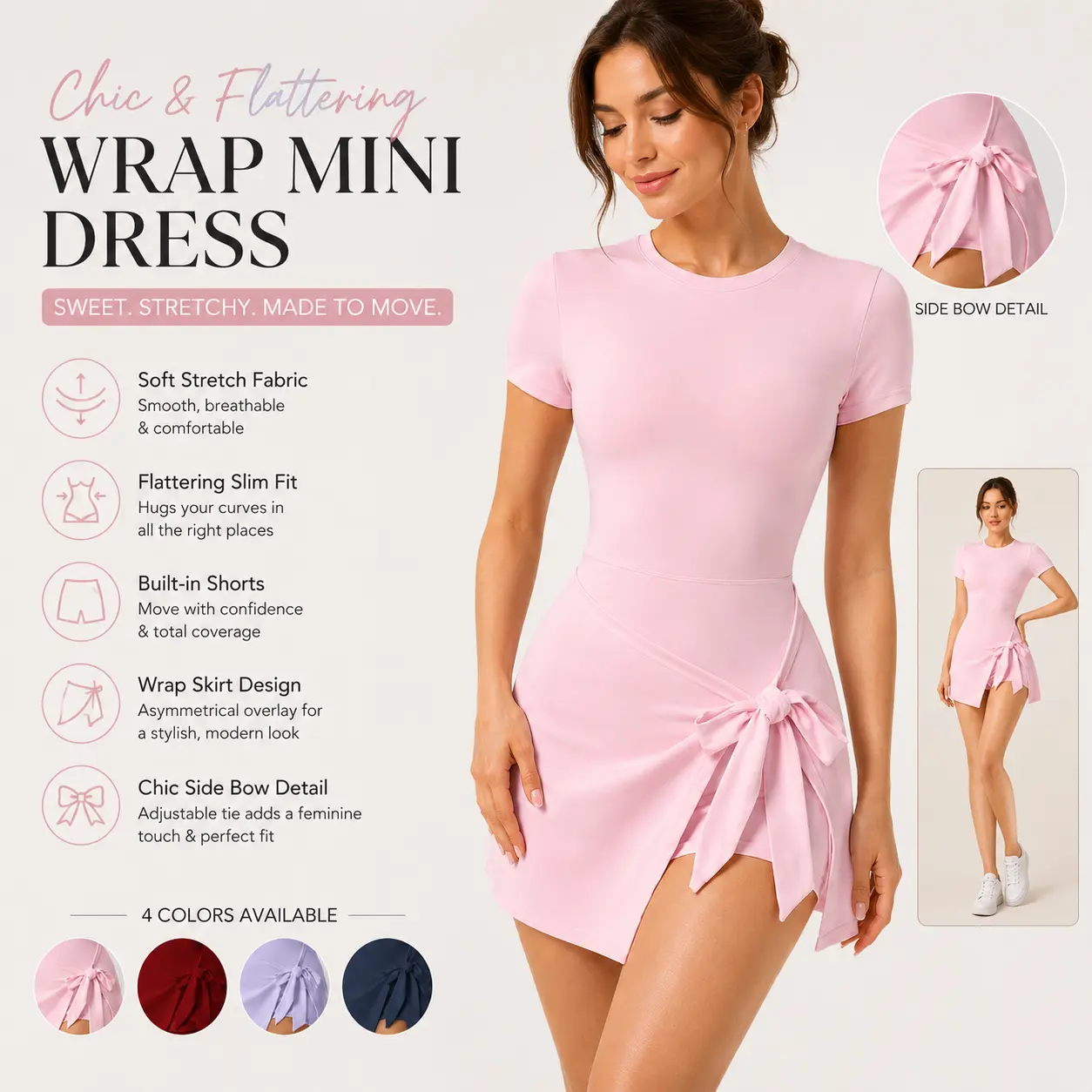 Women's Elastic Fit Sports Dress - Short Sleeved, Female-Focused, Comfortable, Bow Detail, Abdomen Control, Butt Lifting, Waist Defining, Slimming, Youthful Vibrant Design for Outdoor Yoga, Daily Activities