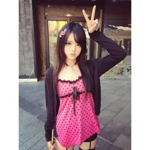 New Autumn Japanese Sweet 2 Piece Set Women Design Polka Dot Strap Y2k Tops Chic Cardigan Harajuku Fashion Vintage Outfits