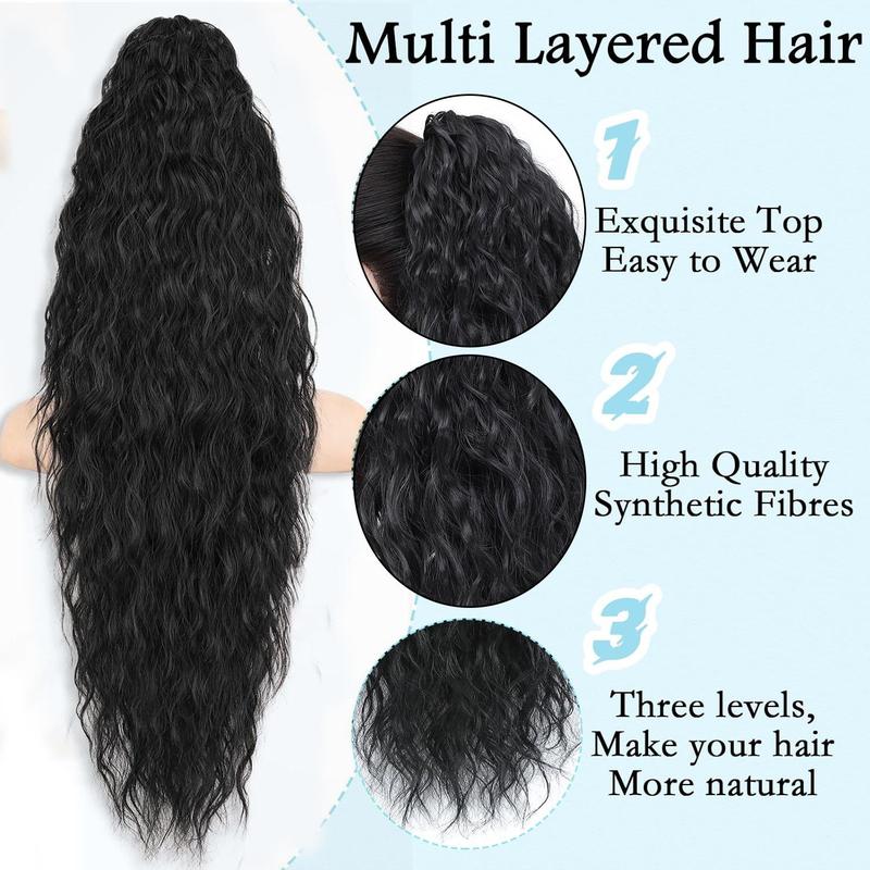 32 Inch Curly Wave Ponytail for Women Long Water Wave Claw Fake Tail Extensions Natural Looking Synthetic Black Fluffy Curly Ponytail Hairpiece for Daily Party Use