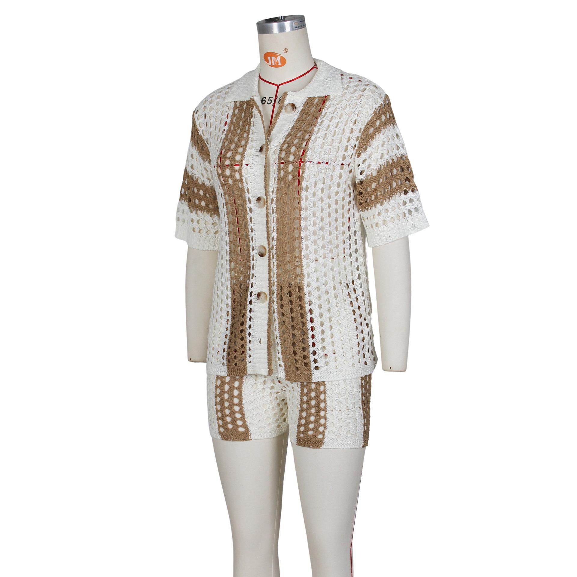 Short Sets Women 2 Piece Outfits Knit Color Block Short Sleeve Button Down Shirt and Shorts Set Color-Block Openwork Summer Vacation Style Two-Piece Set Hawaiian short-sleeved set