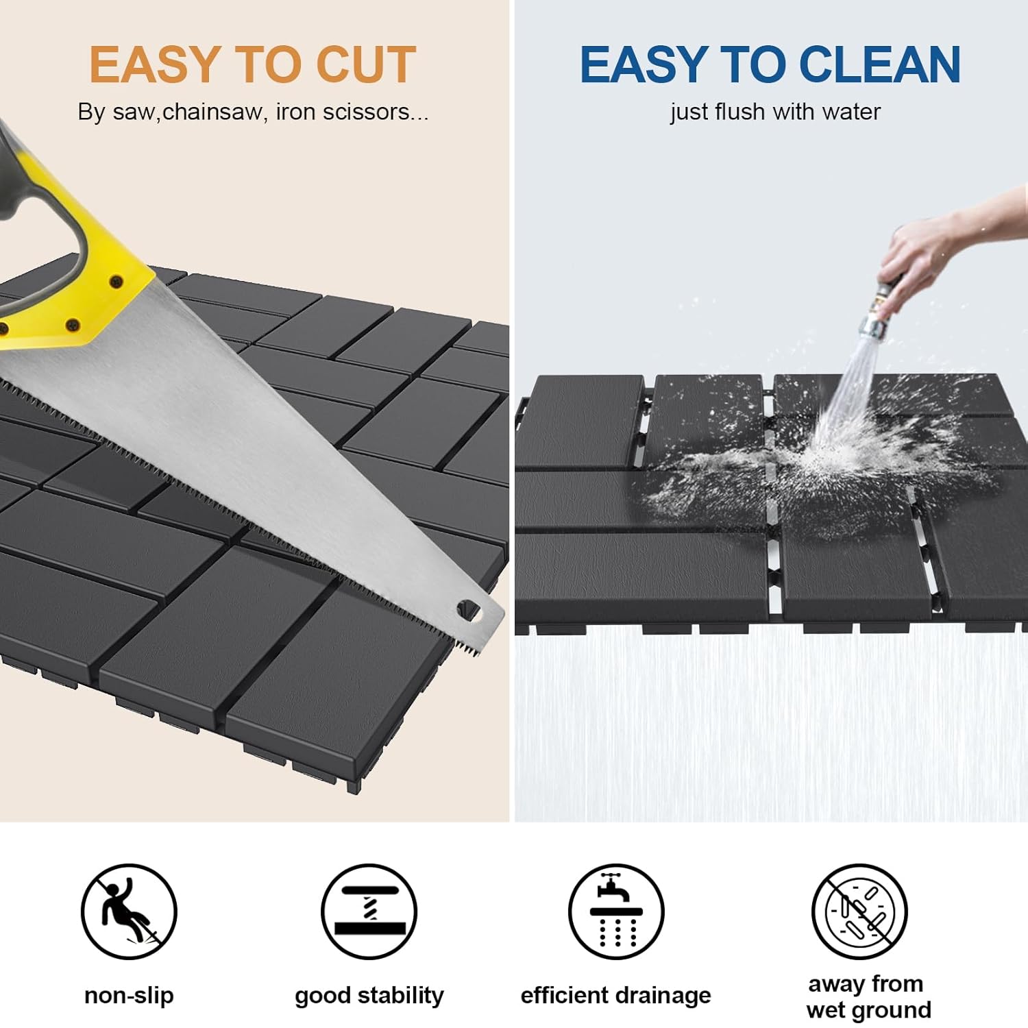 Plastic Interlocking Deck Tiles, 9 Pack Outdoor Patio Flooring, 12"x12" Interlocking Decking Tile Outdoor  Weather Use,  Patio Pavers for Pool Balcony Backyard Porch, Dark Grey