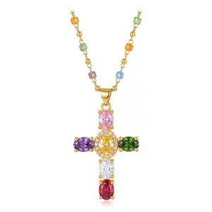 Women's Cross Pendant Necklace, Non-Natural Colorful Crystal Sparkly Zircon Layered Chain Jewelry Accessory 4th of july accessories