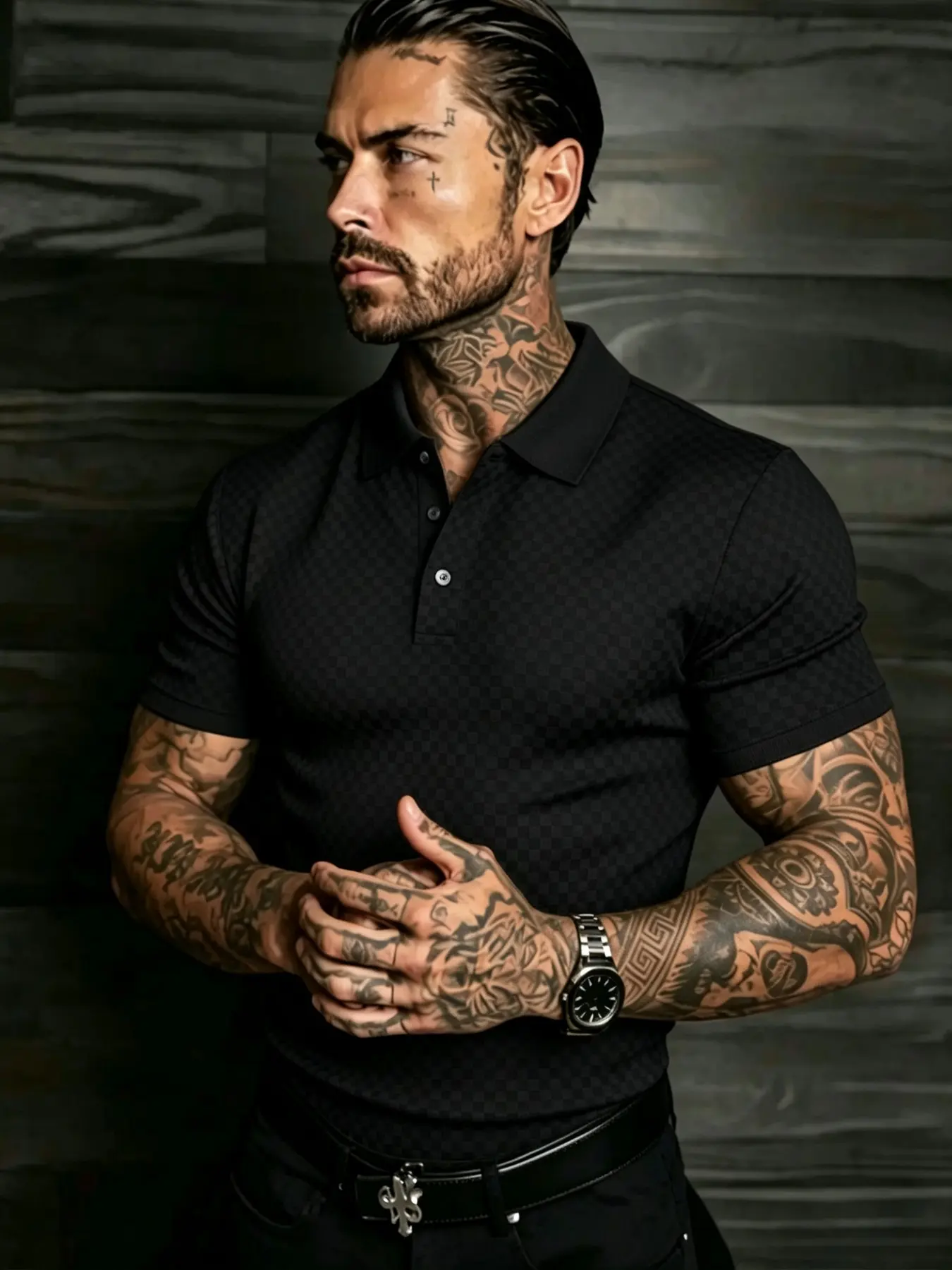 Men's Checkered Embroidery Short Sleeve Polo Shirt, High Elasticity Slim Fit Turn-Down Collar Business Casual Solid T-Shirt