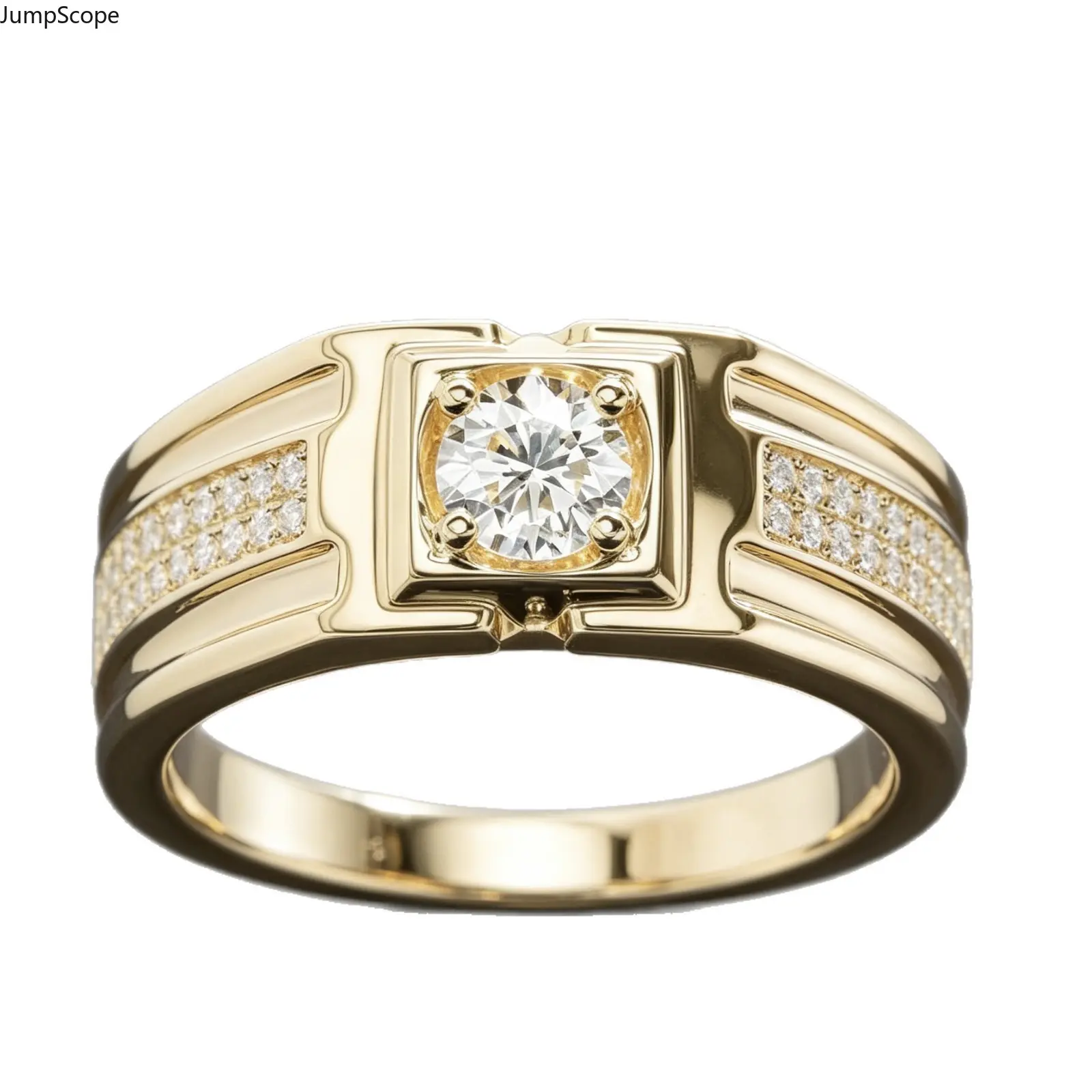 14K Gold Plated Geometric Square Center CZ Men Wide Band Ring, Dual Side Micro Pave Zircon Minimal Formal Business Groom Statement Band For Office Wedding Banquet Daily Masculine Jewelry